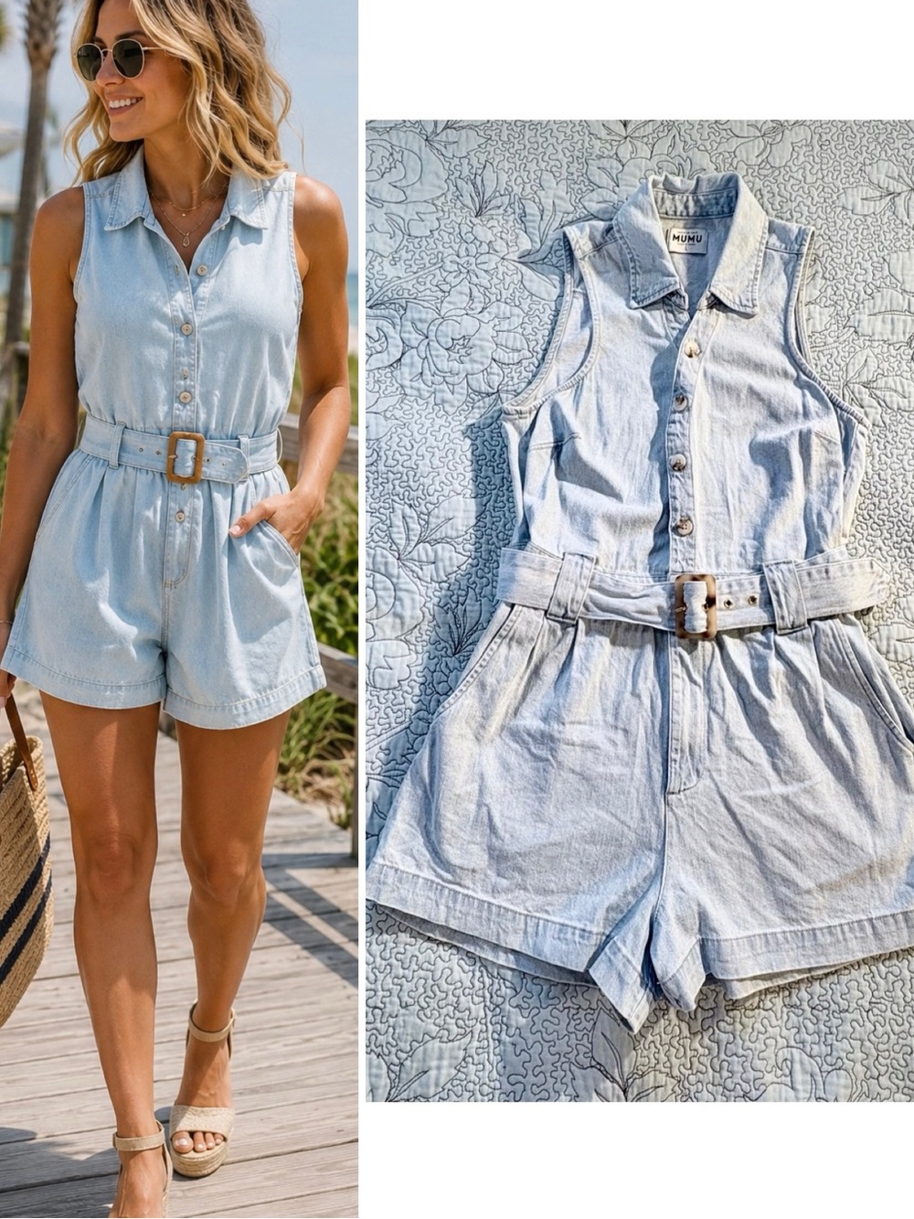 Show Me Your Mumu Richmond Belted Denim Romper Lakeside  Sleeveless Sz L🧡